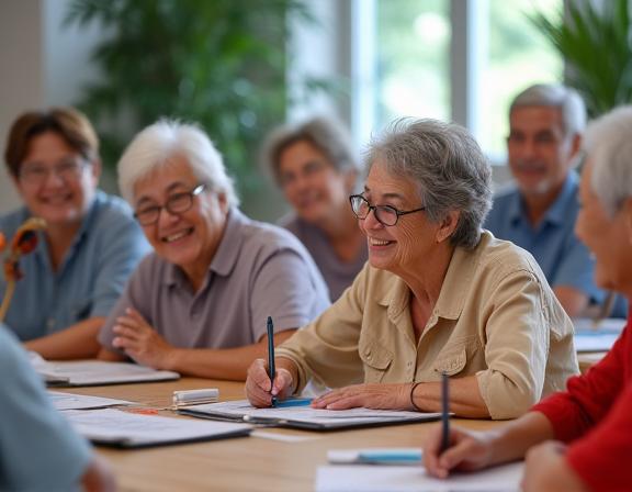 A group of smiling seniors actively participating in a community workshop