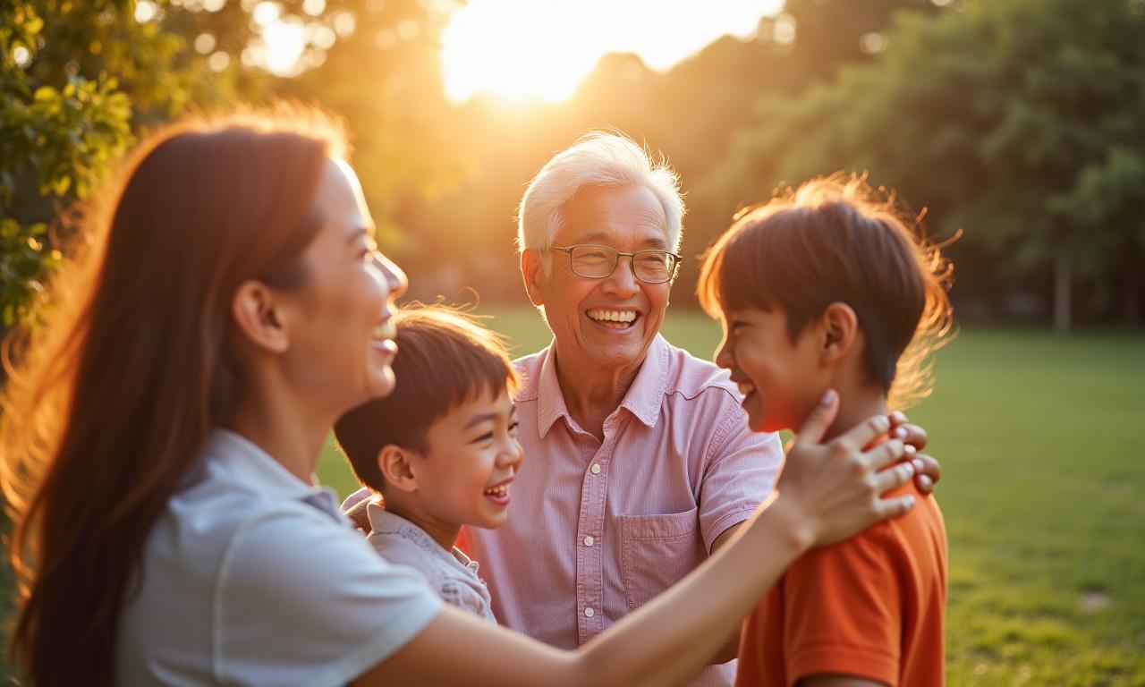 A happy senior with their family enjoying time together in a vibrant Singaporean setting, symbolizing care and support.