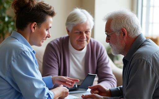A healthcare professional discussing a plan with a senior couple using a tablet